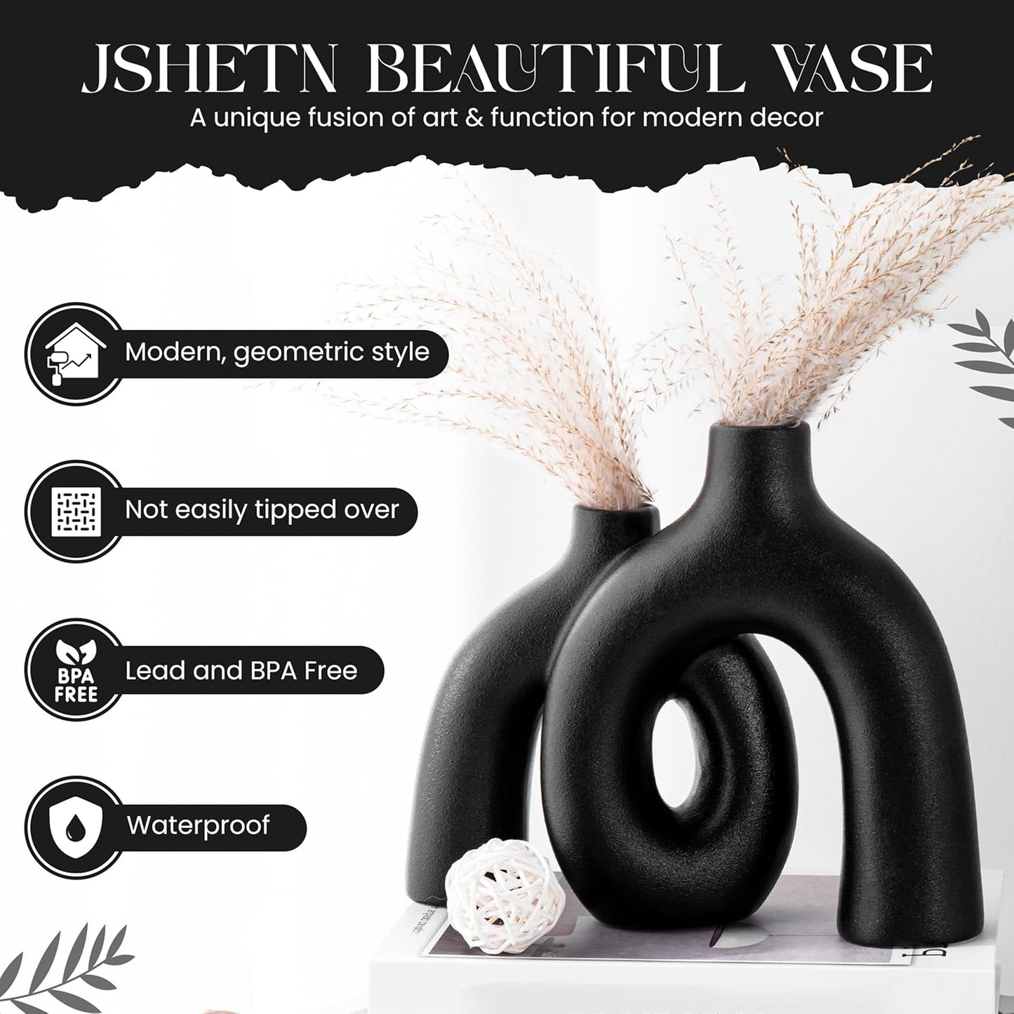 Ceramic Hug Vase (Deep Black) Modern Donut Style Hugging Vases for Flowers Minimalist Decor – Hollow Ceramic Waterproof Home Decor Vases for Living Room, Bed Room, Book Shelf, Entryway Table.