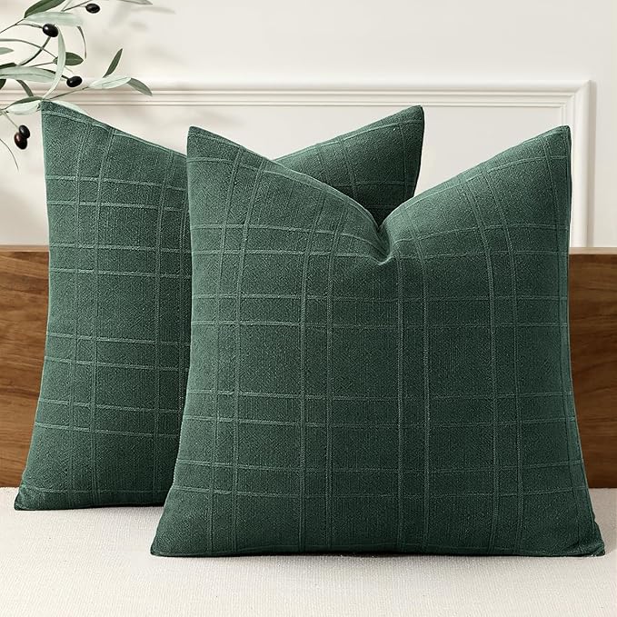 MIULEE Christmas Decorative Linen Check Throw Pillow Covers Neutral Farmhouse Vintage Pillow Covers 18x18 Set of 2 Boho Modern Home Decor for Sofa Couch Bedroom Cushion Dark Green