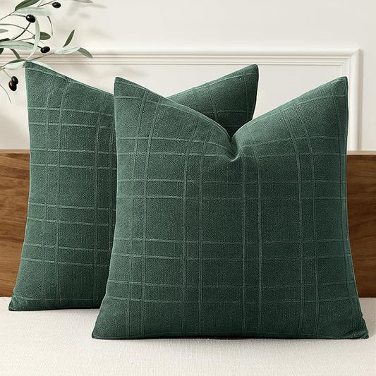 MIULEE Christmas Decorative Linen Check Euro Shams Throw Pillow Covers Neutral Farmhouse Vintage Pillow Covers 24x24 Set of 2 Boho Modern Home Decor for Sofa Couch Bedroom Cushion Dark Green