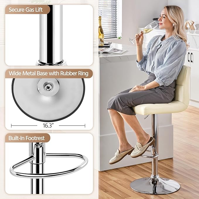 Yaheetech Bar Stools Set of 2, Adjustable PU Leather Swivel Barstools, Modern Counter Height Stools with Back and Footrest for Bar, Kitchen, Dining Room, Beige