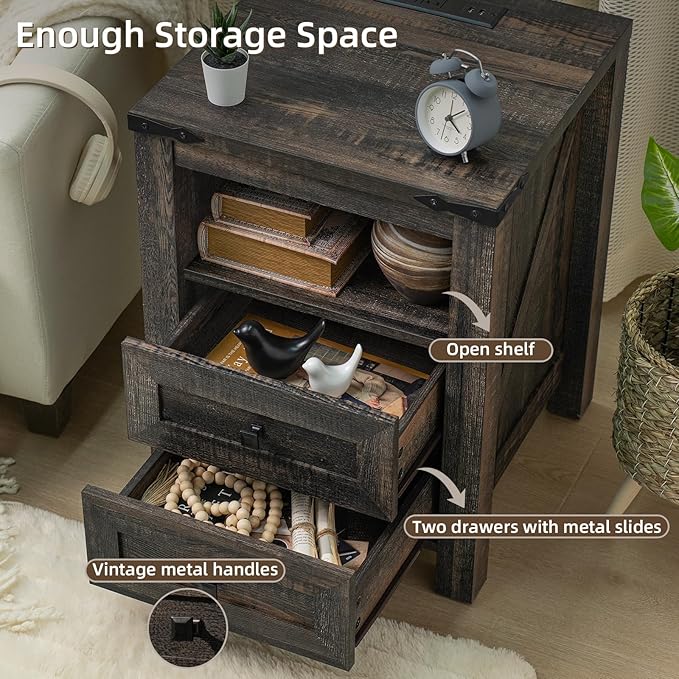Nightstand with Charging Station and USB Port, Farmhouse Side End Table with 2 Drawers and Shelf Storage, Wooden Sofa Table, Bedside Cabinet for Bedroom, Living Room, Closet, Office (Dark Oak)
