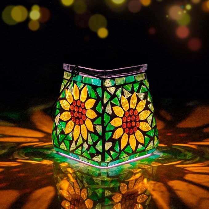 VOREEN Mosaic Solar Lanterns, Handmade Outdoor Glass Hanging Lights, IP44 Waterproof Solar Table Lamps, Decor for Garden, Patio, Yard, Party, Balcony, Gift for Mom Wife Friend, Sunflower Design