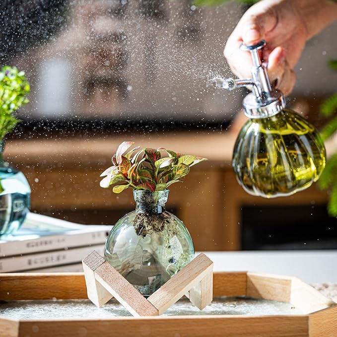 Plant Propagation Station, Plant Terrarium with Wooden Stand for Hydroponic Plant Propagation, Propagation Vases for Plants, Green Glass Bulb Vases for Home Office Decor (4)