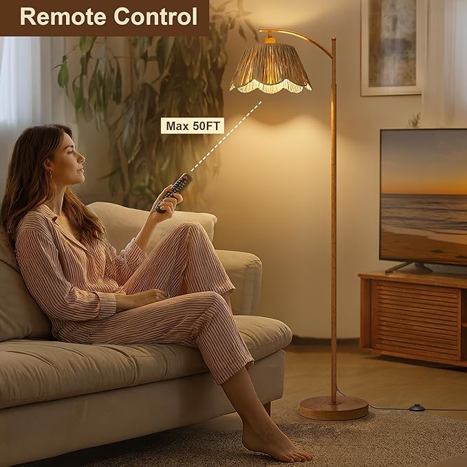 Oneach Boho Floor Lamp for Living Room with Remote & Dimmable Bulb, Farmhouse Floor Lamps with 3 Color Temperatures, Rattan Floor Lamp for Bedroom, Walnut