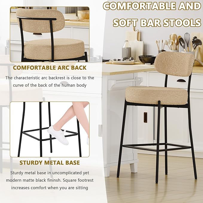 DYHOME Bar Stools Set of 6, Upholstered 28 Inches Boucle Counter Height Bar Stools with Back & Metal Legs, Modern Metal Tall Barstools for Kitchen Island, Light Brown