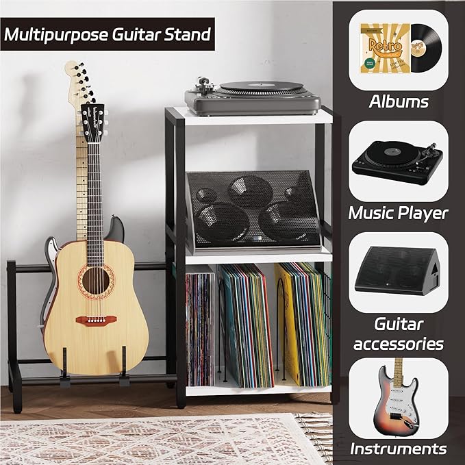 End Table with Guitar Stand,Record Player Stand,Vinyl Records Storage,2-Tier Guitar Stand for Acoustic, Electric Guitar,Bass,Turntable Stand Side Table for Music Room Studio Living Room-Modern White