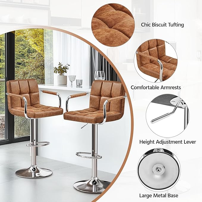 Yaheetech Bar Stools Set of 2, PU Leather Adjustable Swivel Barstools, Hydraulic Kitchen Counter Height Bar Chairs with Armrest and Back for Kitchen, Dining Room, Retro Brown