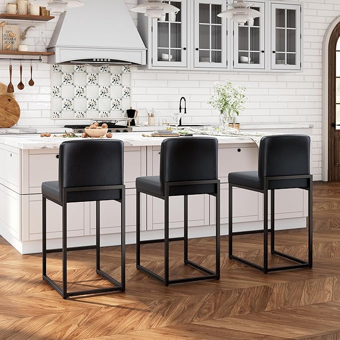 ALPHA HOME 24 Inch Bar Stools Set of 3 Kitchen Counter Stools with Back Pu Leather Counter Chair Counter Height Bar Stools with Upholstered Footrest Sturdy Chromed Metal Steel Frame, Midnight Blue