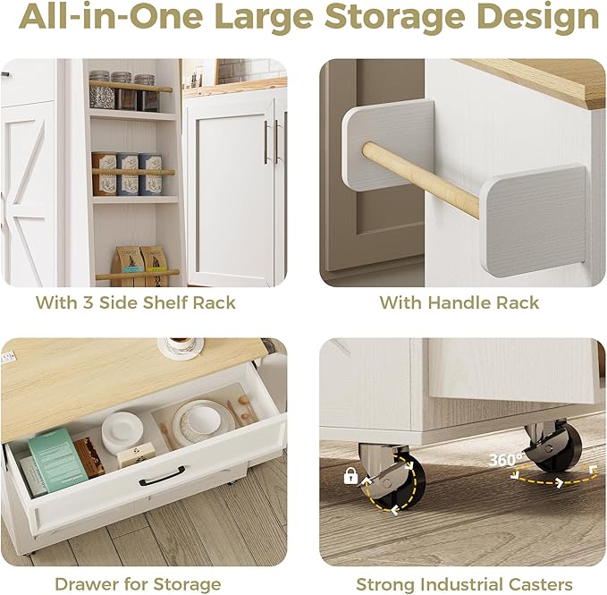 IRONCK Kitchen Island Table with Storage, Rolling Kitchen Cart with Power Outlet, Storage Cabinets on Wheels with Drop Leaf, Portable for Dining Room, White