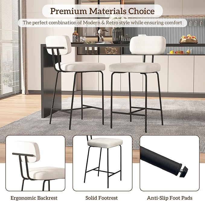 Counter Height Bar Stools Set of 3, 26" White Fabric Kitchen Counter Stools with Backs, Metal Legs, Footrest and Wide Seat, Bar Chairs for Kitchen Island