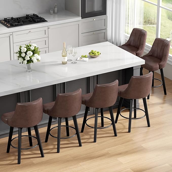 Counter Height Swivel Bar Stool, 24" Upholstered PU Leather Barstools Set of 4, Counter Stool Chair with Back & Solid Wood Legs for Kitchen Island Dining Room (Brown)