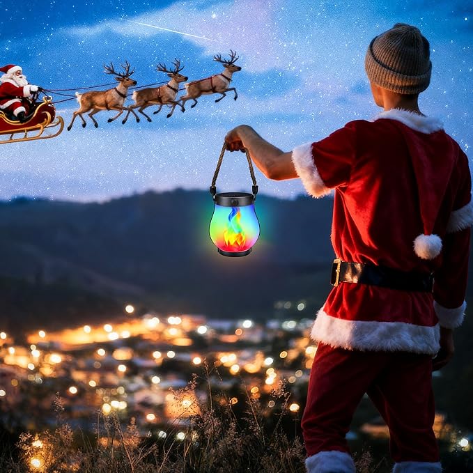 Christmas Solar Flame Lantern Hanging Outdoor Waterproof Purple - 2 Pack Flame Lanterns with Dual Charging Modes of Solar & USB for Garden or Yard Decorations (Multicolor - 1 Pack)