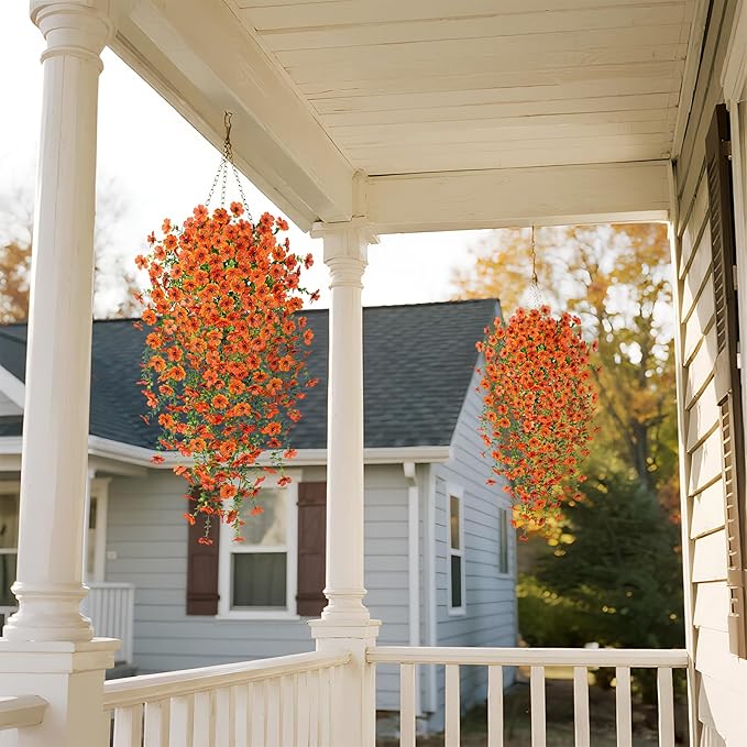 Fake Mums Artificial Hanging Flowers for Outdoor Fall Decoration, 2 PCS Silk Daisy Flower Realistic Faux Plants UV Resistant for Porch Patio Window Yard Outside Autumn Decor(Orange)