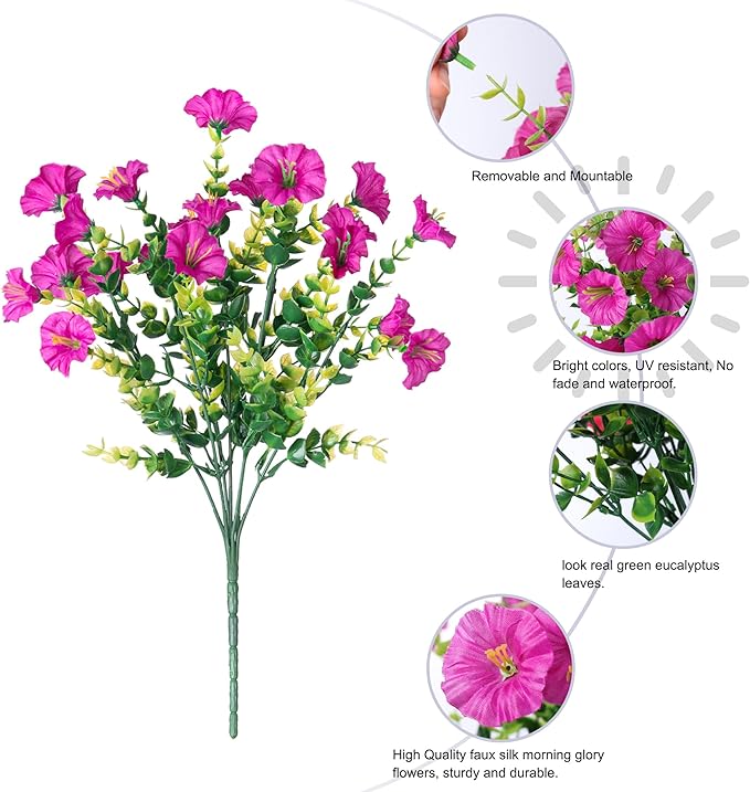 Artificial Flowers Fake Plants for Outdoors Decoration, 12 Bundles Silk Morning Glory with Eucalyptus Realistic UV Resistant Faux Flowers for Outside Planter Porch Yard Patio Garden Home Indoor, Mix