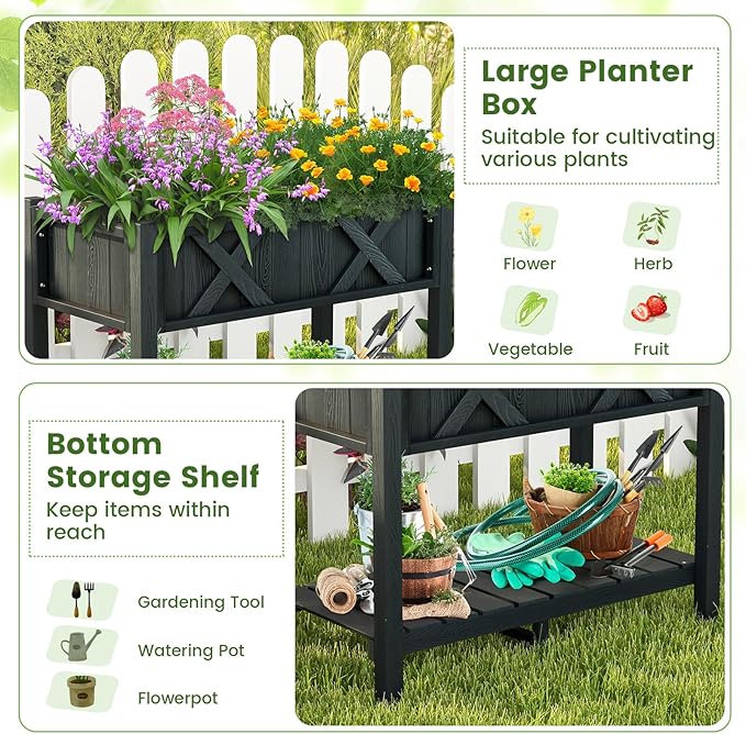 Giantex HIPS Raised Garden Bed, Elevated Planter Box w/Legs, Storage Shelf, Drainage Holes, Weather-Proof Standing Raised Beds for Backyard Balcony Flower Vegetable (Black, 34" x 18" x 29")