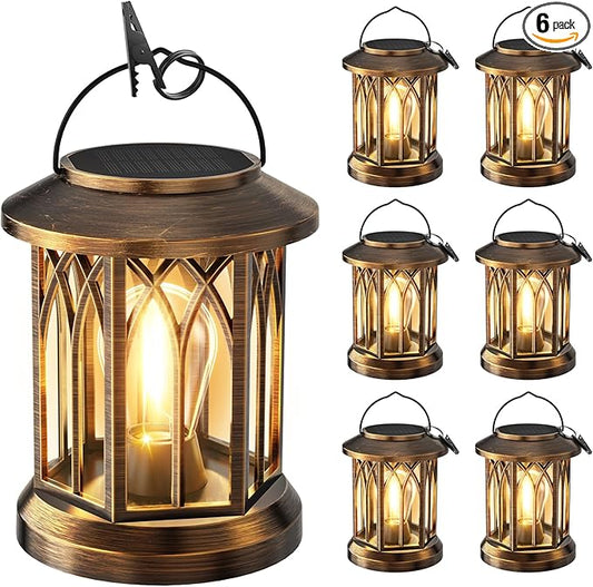 WdtPro Solar Lanterns Outdoor Lights, 6 Pack Bright Lanterns Outdoor Waterproof with Clip Patio Decor, Hanging Solar Lights for Outside Garden Yard Front Porch Table Decoration (Antique Copper)