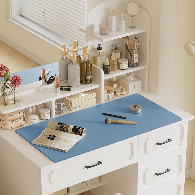 Aothia Faux Leather Desk Mat – Large Mouse Pad, Non-Slip PU Leather Blotter, Waterproof Writing Surface for Office and Home (Denim Blue, 47.2" x 23.6")