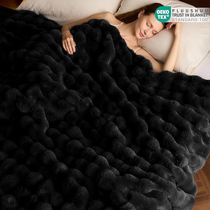Faux Fur Throw Blanket for Couch, Fluffy Fuzzy Plush Bubble Blanket, Soft Warm Cozy Shaggy Rabbit Blanket, Luxury Decorative Gifts for Sofa Bedroom Living Room, 60x50inch (Black)