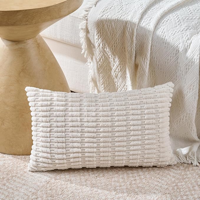 Fancy Homi Set of 4 Grey and White Lumbar Rectangle Decorative Throw Pillow Covers 12x20 Inch for Couch Bed Chair, Farmhouse Boho Room Decor, Soft Fuzzy Corduroy Textured Striped Cushion Case 30x50cm