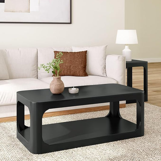 Plank+Beam Forma Coffee Table, Solid Wood 48 Inch Modern Coffee Table with Shelf, Contemporary Center Table with Storage Space, Rectangle Tea Table with Storage, Black
