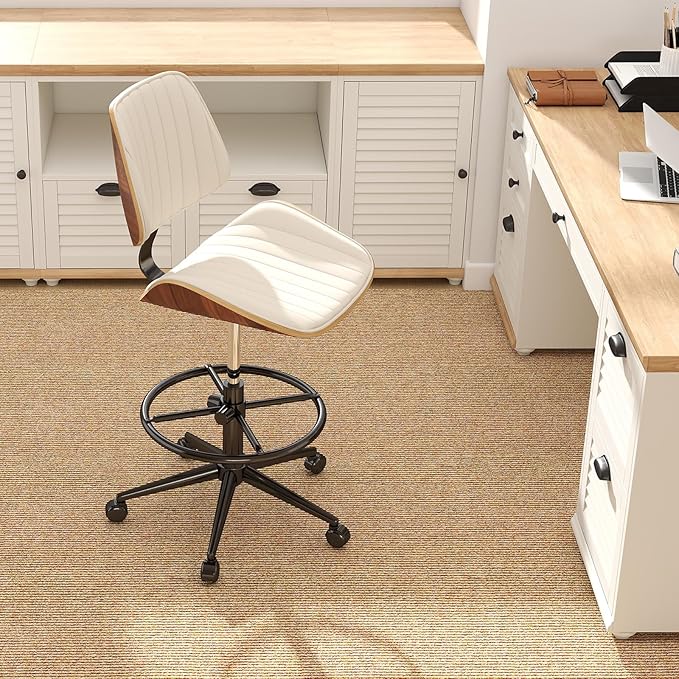 Drafting Home Office Chair, Swivel Desk Chair with Bend Wood Backrest, Ergonomic Office Chairs with Adjustable Height and Footrest Ring for Bar Lab Counter Height Desk and Drawing, Ivory
