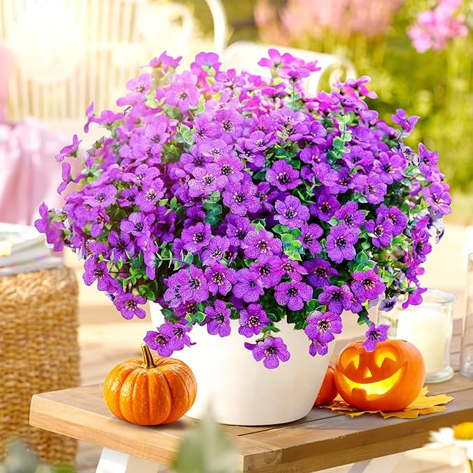 Artificial Flowers for Outdoors,Faux Flowers Daisy with Eucalyptus Leaves for Indoor Garden Home Decoration,UV Resistant Artificial Flower Fake Plants for Porch Patio, 12 Bundles (Purple)