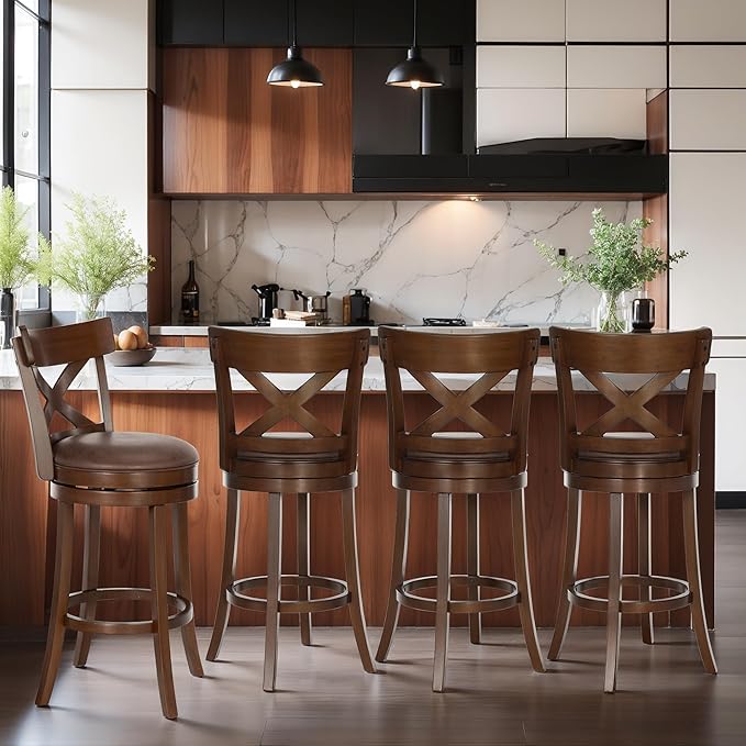 ALPHA HOME Swivel Bar Stools Set of 4, Kitchen Stools with Backs, 30 Inch Wooden Bar Stools, 360 Degrees Swivel Chair with Upholstered, Wrap-Around Footrest Counter Chair, Cappuccino