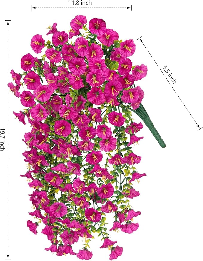 Artificial Faux Hanging Flowers Plant for Outdoor Decor,2 PCS Fake Silk Morning Glory with Eucalyptus UV Resistant Realistic Trailing Vine for Wall Home Porch Patio Balcony Yard Indoor Decor, Fuchsia