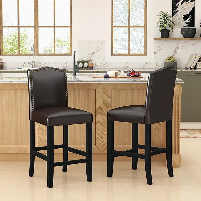 LSSPAID Counter Height Bar Stools Set of 2, 24.8 Inch Pu Upholstered Barstools, Kitchen Island Chairs with Bronze Nail Backrest and Solid Wood Legs for Kitchen Pub Home Cafe, Brown
