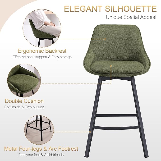 Zesthouse Swivel Bar Stools Set of 4, Modern Counter Height Barstools with Backs, 26'' Upholstered Linen Fabric High Chairs for Island Kitchen, Counter Height Chairs with Metal Legs, Green
