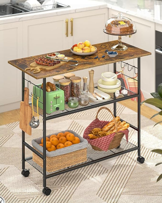 Kitchen Island with 3 Shelves, Rolling Kitchen Cart with 6 Hooks and Protective Shelf, Microwave Stand on Lockable Wheels, Bakers Rack Coffee Bar for Dining, Living Room, Outdoor, Metal Frame