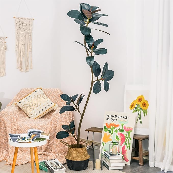 NCYP Artificial Rubber Tree Plant - 5.9ft Tall Faux Rubber Tree with Plastic Pot for Home, Living Room, Office Floor Decor - Large Indoor Fake Ficus Elastica Tree Potted
