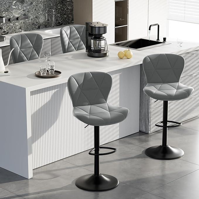 Bar Stools Set of 6,Adjustable Swivel Barstools, Faux Leather Bar Chairs,Upholstered Counter Height with High Backrest for Kitchen Island, Grey