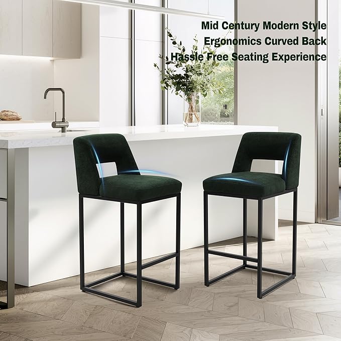 Counter Height Bar Stools Set of 3 for Kitchen Counter Modern Bar Chairs with Backs for Kitchen Island with Upholstered Fabric Seat and Metal Frame, Green, 26 Inch