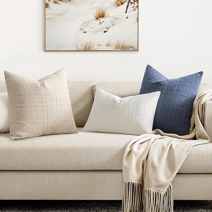 MIULEE Decorative Linen Check Throw Pillow Covers Neutral Farmhouse Vintage Christmas Pillow Covers 18x18 Set of 2 Boho Modern Home Decor for Sofa Couch Bedroom Cushion Cream White