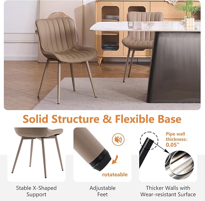 YOUNUOKE Mid-Century Modern Dining Chairs Set of 2, Khaki PU Leather Upholstered Kitchen Chairs with Khaki Metal Legs, Armless Accent Chair for Dining Room, Guest Reception Room