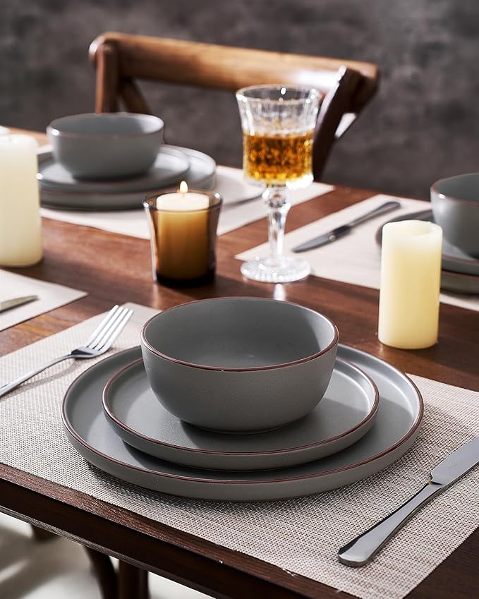 Famiware Mercury Plates and Bowls Sets, 12 Pieces Stoneware Dinnerware Sets, Dishes Set for 4, Microwave and Dishwasher Safe, Dark Grey