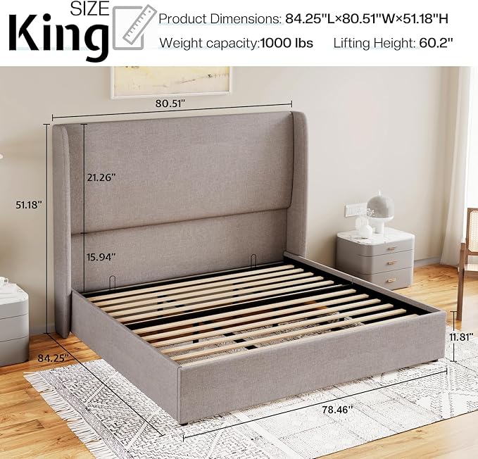 Jocisland Lift Up Storage Bed King Size Linen Upholstered Platform Bed Frame/Hydraulic Storage/Modern Wingback Headboard/No Box Spring Needed/Wood Slats Support/Light Grey