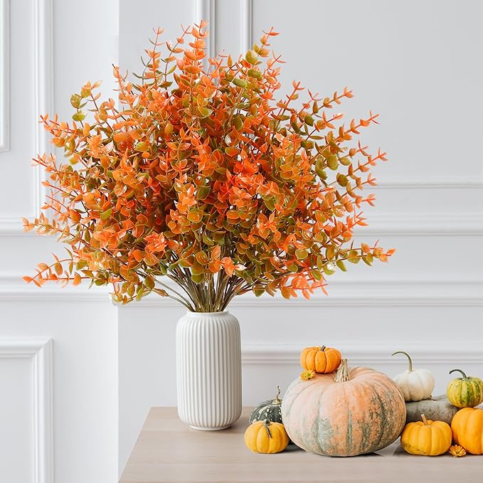 Sggvecsy 24 Bundles Artificial Eucalyptus Fall Plant Fake Bushes Boxwood Shrubs Outdoor Greenery UV Resistant Plants Faux Plastic Plants for Home Garden Indoor Fall Thanksgiving Autumn Decor(Fall)