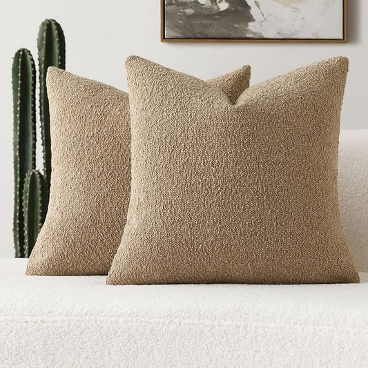 FUTEI Pack of 2 Khaki Decorative Throw Pillow Covers 22x22 Inch Soft Cozy Solid Boucle Textured Cushion Case,Modern Home Decor for Couch Bed Living Room