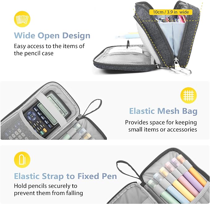 Pencil Case Big Capacity Pen Pouch Large Storage Holder Marker Pen Bag Durable 3 Compartment School Office Desk Organizer Portable Cute Zipper Stationery for Kids Teen Student Boys Girls Adults