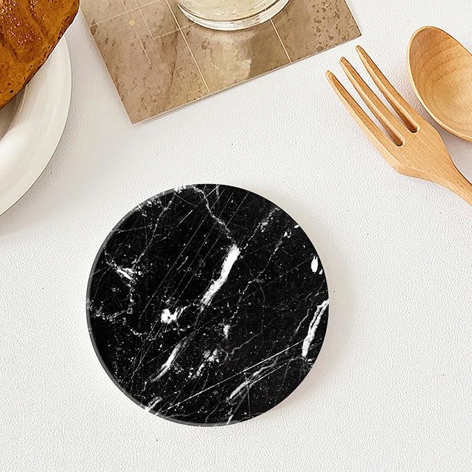 Marble Coasters Set of 4 with Holder Round Water Absorbent Premium Black Classic Marble Ceramic Coasters Tabletop Protection,Suitable for Various Coffee Cup,Home Decor,4 Inch