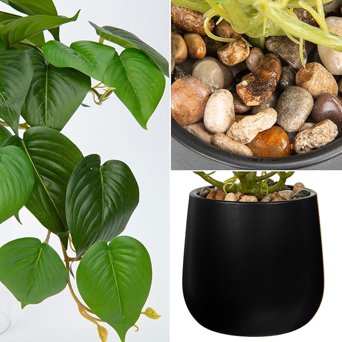 DILATATA Fake Plants Indoor 8 Inch Artificial Pothos Plant in Black Ceramic Pot - Faux Potted Pothos Plant for Home Aesthetic Decor Living Room Shelf Office