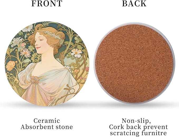 Mucha Style Vintage Floral Woman Coasters Set of 6 with Holder, Absorbent Ceramic Drink Coasters for Home, Office Gifts