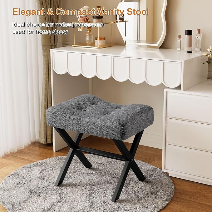 18-Inch Large Vanity Stool Chair, Vanity Bench with Metal X-Legs, Ottoman Accent Stool with Breathable and Soft Boucle Fabric Saddle Seat, Grey