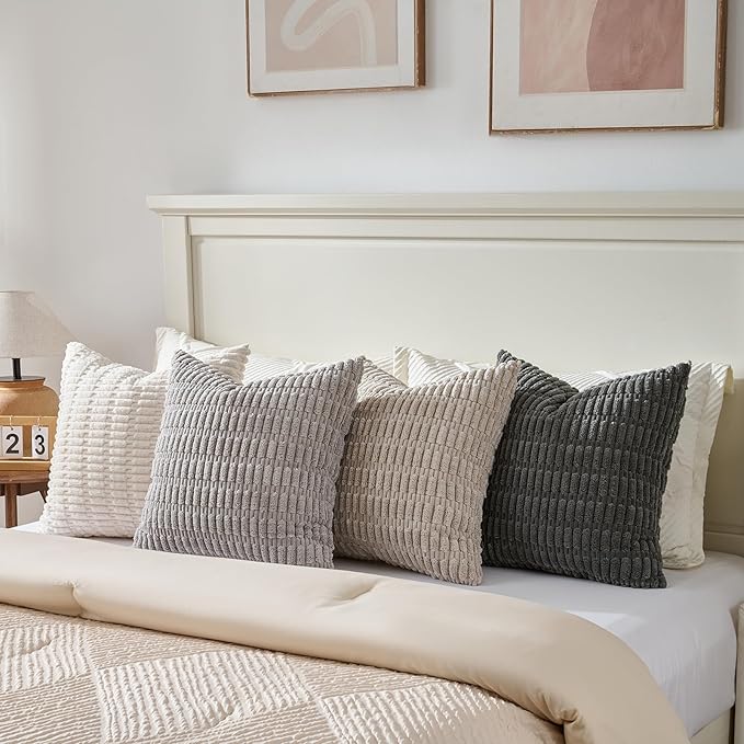 Fancy Homi Set of 4 Grey and White Decorative Throw Pillow Covers 14x14 Inch for Couch Bed Chair, Modern Farmhouse Boho Room Decor, Soft Fuzzy Double Sided Corduroy Textured Striped Cushion Case 35cm