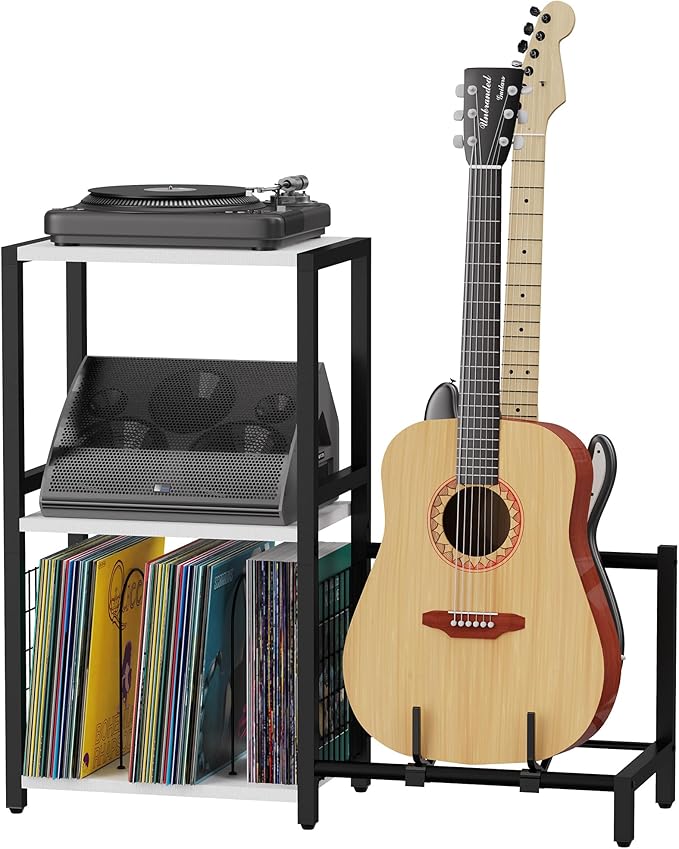 End Table with Guitar Stand,Record Player Stand,Vinyl Records Storage,2-Tier Guitar Stand for Acoustic, Electric Guitar,Bass,Turntable Stand Side Table for Music Room Studio Living Room-Modern White