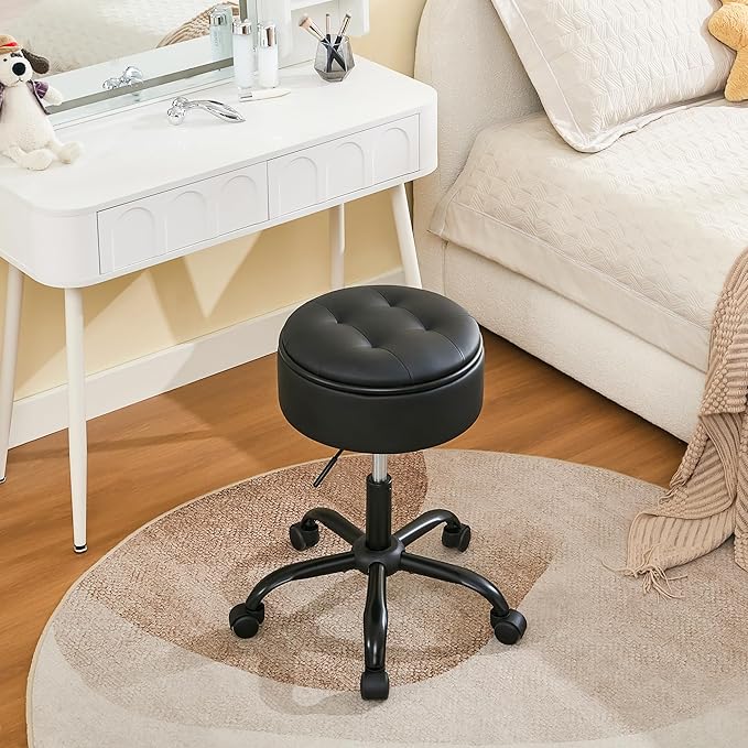 Rolling Stool, Adjustable Height Leather Esthetician Stool Thick Seat Cushion 20.67"-24.61", Black Vanity Chair with Storage