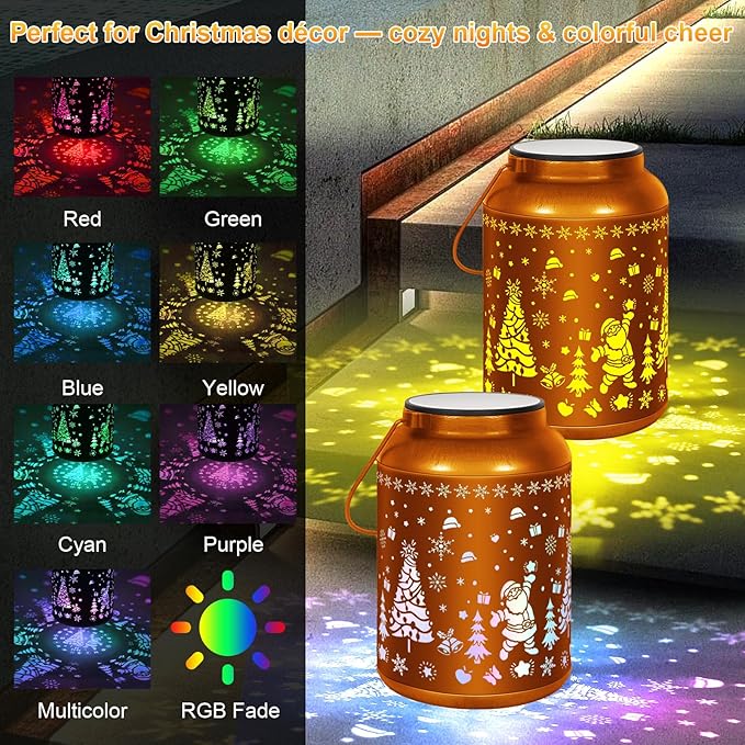 2 Pack Solar Lantern Outdoor Waterproof Christmas Tree Snowflake Decor, 7-Color Changing & Warm White Light, 12H Long Lasting, Gifts for Women Mom Grandma, Hanging Metal Lights for Patio Yard Porch