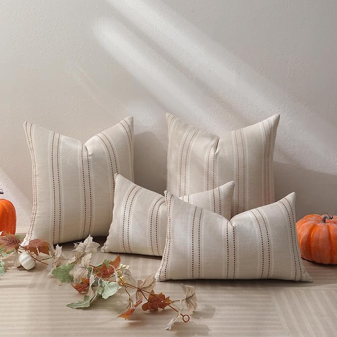 Hckot Fall Throw Pillow Covers 12x20 Set of 2 Striped Pillow Covers Textured Linen Decorative Pillows Square Cushion Covers for Sofa Couch Bed Living Room Farmhouse Decor(Rust)